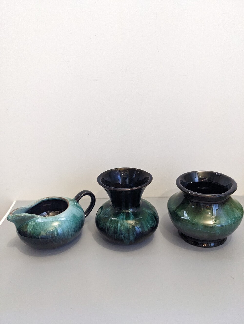 Blue Mountain Pottery Mini Trio Vase Bowl And Creamer Set Green Black Drip Glaze